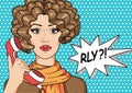 Vintage surprised woman with speech bubble and message RLY? Vector curly hair brunette girl with old telephone pop art comic style Royalty Free Stock Photo