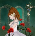 Beautiful redhead girl with surreal poppies Royalty Free Stock Photo