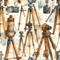 Vintage Surveying Equipment Pattern - Antique Instruments and Tripods Royalty Free Stock Photo