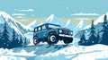 Vintage SUV bashing in snow, on winter landscape background. 4x4 adventure vector illustration.