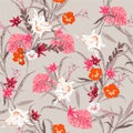 Vintage sweet botanical forest Vector seamless floral plants pattern. Exotic blooming many kind of flowers illustration. Design Royalty Free Stock Photo