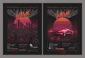 Vintage synthwave or retrowave styled party or music festival or concert flaers or posters design template with retro neon city