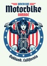 Vintage T-Shirt Design American Woman Biker Riding Chopper Motorbike