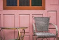 The vintage table and chair is made wicker weave