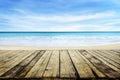 Vintage table top with blur tropic beach and sea. Summer bokeh background and tabletop for product montage display. Sunny paradise