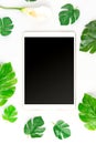 Vintage Tablet mockup flat lay on old table top wood background
