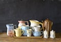 Vintage tableware, coffee pots,mugs coffee filter Royalty Free Stock Photo