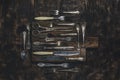 Vintage tableware on a wooden Board on a dark background