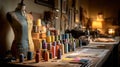 Vintage Tailoring Studio with Colorful Spools and Sewing Tools Royalty Free Stock Photo