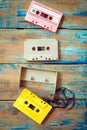Vintage tape cassette recorder on wood background Royalty Free Stock Photo