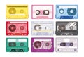 Vintage tape cassette. Retro mixtape, 1980s pop songs tapes and stereo music cassettes. 90s hifi disco dance Royalty Free Stock Photo