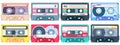 Vintage tape cassette. Retro mixtape, 1980s pop songs tapes and stereo music cassettes vector set