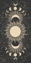 Vintage tarot background for witch, phases of the sun and moon, full moon on black night sky. Mystical story background