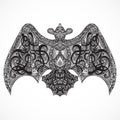 Vintage tattoo design with flying ornate bat top vew.