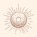 Vintage Tattoo Illustration. Abstract Vector Donut Sign, Symbol or Logo Template in Dot Work Style and Retro Rays.