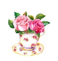 Vintage tea cup with rose flowers. Watercolor Royalty Free Stock Photo