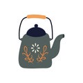 Vintage tea kettle and cozy teapot, herbs. Rustic teapot with autumn herbal drink, teacup, leaves. Colored flat vector