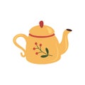 Vintage tea kettle and cozy teapot, herbs. Rustic teapot with autumn herbal drink, teacup, leaves. Colored flat vector