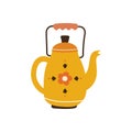 Vintage tea kettle and cozy teapot, herbs. Rustic teapot with autumn herbal drink, teacup, leaves. Colored flat vector