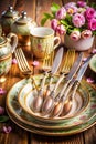 Vintage Floral Tea Service with Ornate Silverware and Pink Flowers on Wood vintage tea service Royalty Free Stock Photo