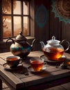 Vintage tea set illuminated by lantern light, a cozy scene of warmth and tradition, Generative AI