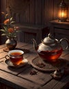 Vintage tea set under lantern light, a scene of tranquility and elegance, Generative AI Royalty Free Stock Photo