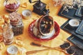 Vintage teacup laying on it`s side on a wiccan witch altar for reading tea leaves as a method of divination Royalty Free Stock Photo