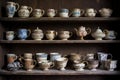 vintage teacups arranged on antique shelf Royalty Free Stock Photo