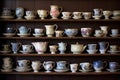 vintage teacups arranged on antique shelf Royalty Free Stock Photo