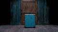 A vintage teal suitcase in front of a rustic wooden door Royalty Free Stock Photo