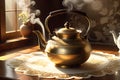 A Vintage Teapot, Brass with Intricate Floral Engravings: Steam Rising, Casting a Soft Shadow on a Linen Tablecloth