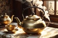 A Vintage Teapot, Brass with Intricate Floral Engravings: Steam Rising, Casting a Soft Shadow on a Linen Tablecloth