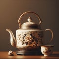 Vintage teapot and cup of tea on wooden table, Chinese traditional antique design, minimalist, generative ai