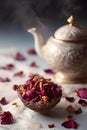 Vintage teapot and dried rose petals. Selective focus Royalty Free Stock Photo