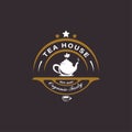 Vintage Teapot Logo. With tea leaf, cup, oolong, herb, and stars icon. Retro, premium, and luxury logo