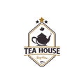 Vintage Teapot Logo. With tea leaf, cup, oolong, herb, and stars icon. Retro, premium, and luxury logo