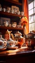 Vintage Teapots and Teacups in Early Morning Light Royalty Free Stock Photo