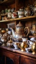 Vintage Teapots and Teacups in Early Morning Light Royalty Free Stock Photo