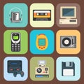 Vintage technologies vector retro audio multimedia entertainment old electronic gadget communication illustration. Royalty Free Stock Photo