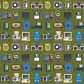 Vintage technologies vector retro audio multimedia entertainment old electronic gadget communication seamless pattern