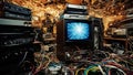 Vintage technology, old television sets and cables, VCRs and other retro video technology, generative ai