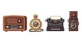 Vintage technology showcasing radio, clock, typewriter, and camera against a white backdrop. Royalty Free Stock Photo