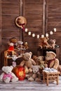 Vintage teddy bear family sitting at the tea table Royalty Free Stock Photo