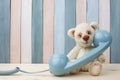 Vintage Teddy Bear with retro telephone on wooden background Royalty Free Stock Photo