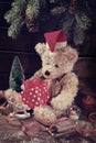 Vintage Teddy Bear In Santa Hat Holding Christmas Gift Box