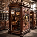 Vintage Teddy Vending: Brown Teddy Bear in Retro Attire Inside an Antique Brown Vending Machine
