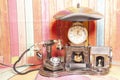 Vintage telephone, antique clock with lamp Royalty Free Stock Photo