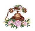 Vintage Telephone and birds with exotic palm leaves on a checkered background. Watercolor illustration