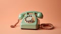 A vintage telephone with a cord and rotary dial set against a pastel-colored background created with Generative AI