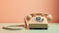 A vintage telephone with a cord and rotary dial set against a pastel-colored background created with Generative AI